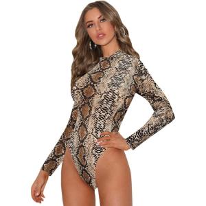imageSweatyRocks Womens Basic Solid Turtleneck Long Sleeve Bodysuits Jumpsuits Stretchy RomperSnakeskin Brown