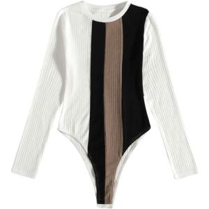 imageSweatyRocks Womens Color Block Stripes Ribbed Knit Bodysuits Long Sleeve Leotard TopsMulticolor