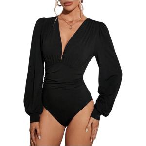 imageSweatyRocks Womens Deep V Neck Long Sleeve Bodysuit Tops Ruched Pleated Leotard ShirtsBlack