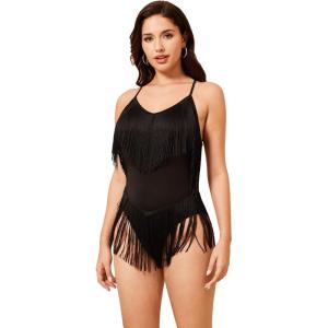 imageSweatyRocks Womens Fringe V Neck Sleeveless Tassel Bodysuit Skinny Cami Bodysuits JumpsuitBlack Tassel
