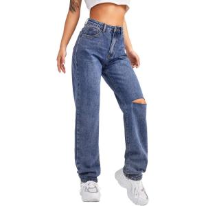 imageSweatyRocks Womens High Waist Slant Pocket Denim Jeans Ripped Straight Leg PantsBlue
