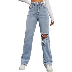 imageSweatyRocks Womens High Waist Slant Pocket Denim Jeans Ripped Straight Leg PantsBlue Pale