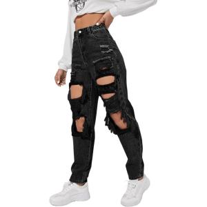 imageSweatyRocks Womens High Waist Slant Pocket Denim Jeans Ripped Straight Leg PantsDark Black