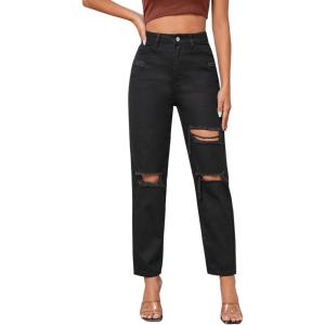 imageSweatyRocks Womens High Waist Slant Pocket Denim Jeans Ripped Straight Leg PantsDeep Black