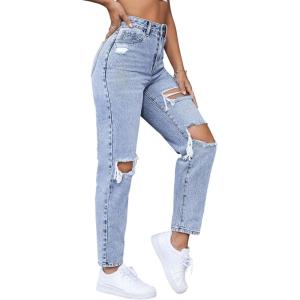 imageSweatyRocks Womens High Waist Slant Pocket Denim Jeans Ripped Straight Leg PantsPale Plain Blue