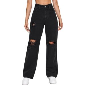 imageSweatyRocks Womens High Waist Slant Pocket Denim Jeans Ripped Straight Leg PantsPlain Black