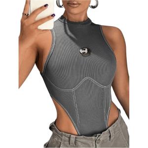 imageSweatyRocks Womens ICON Letter Patched Detail Sleeveless Body Suits High Cut Skinny Tank BodysuitGrey