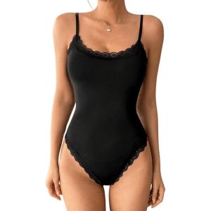 imageSweatyRocks Womens Lace Edge Slim Fit Spaghetti Strap Bodysuit Shapewear TopsBlack