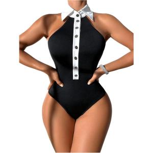 imageSweatyRocks Womens Lapel Button Down Shirt Sleeveless Body Suits Halter Backless Tank BodysuitBlack