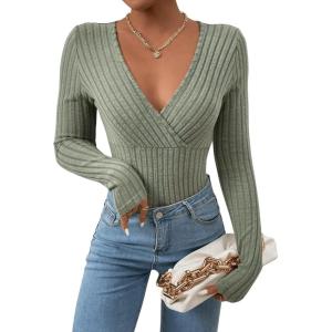 imageSweatyRocks Womens Long Sleeve Bodysuit Tops Wrap V Neck Ribbed Knit JumpsuitMint Green