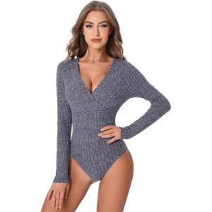 imageSweatyRocks Womens Long Sleeve Bodysuit Tops Wrap V Neck Ribbed Knit JumpsuitNavy Blue