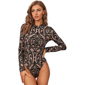 imageSweatyRocks Womens Mock Neck Leopard Long Sleeve Mesh Bodysuit LeotardBlack Brown