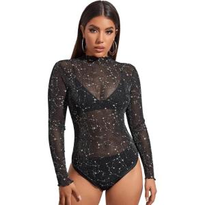 imageSweatyRocks Womens Mock Neck Leopard Long Sleeve Mesh Bodysuit LeotardGalaxy Black