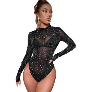 imageSweatyRocks Womens Mock Neck Leopard Long Sleeve Mesh Bodysuit LeotardGlitter Black