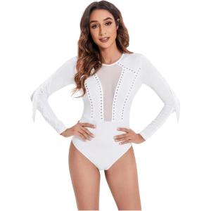 imageSweatyRocks Womens Round Neck Fringe Long Sleeve Sheer Mesh Cowgirl BodysuitSolid White