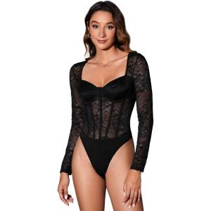 imageSweatyRocks Womens Sheer Floral Lace Long Sleeve Bodysuit Tops Sweetheart Neck JumpsuitSolid Black