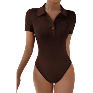 imageSweatyRocks Womens Short Sleeve Polo Shirt Bodysuit Ribbed Half Button Collared LeotardsBrown