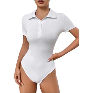 imageSweatyRocks Womens Short Sleeve Polo Shirt Bodysuit Ribbed Half Button Collared LeotardsWhite
