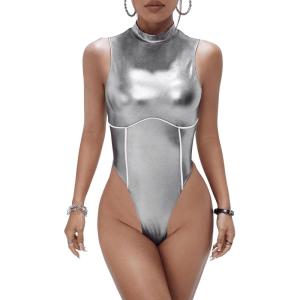 imageSweatyRocks Womens Sleeveless Scoop Neck High Cut Skinny Mesh Tank Top BodysuitSilver White
