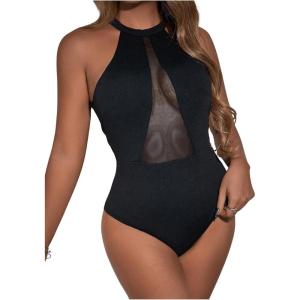 imageSweatyRocks Womens Sleeveless Scoop Neck High Cut Skinny Mesh Tank Top BodysuitSolid Black