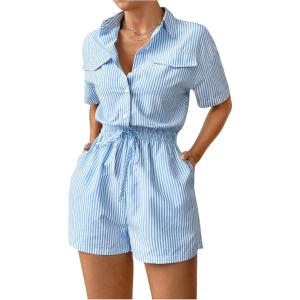imageSweatyRocks Womens Striped Button Down Collared Blouse Short Sleeve Romper with PocketsBlue