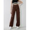 imageSweatyRocks Girls Casual Elastic Waist Zip Up Denim Pants Straight Leg Cargo Jeans with PocketCoffee Brown