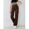 imageSweatyRocks Girls Casual Elastic Waist Zip Up Denim Pants Straight Leg Cargo Jeans with PocketCoffee Brown