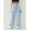 imageSweatyRocks Girls Casual Elastic Waist Zip Up Denim Pants Straight Leg Cargo Jeans with PocketLight Wash