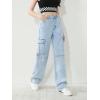 imageSweatyRocks Girls Casual Elastic Waist Zip Up Denim Pants Straight Leg Cargo Jeans with PocketLight Wash