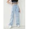 imageSweatyRocks Girls Casual Elastic Waist Zip Up Denim Pants Straight Leg Cargo Jeans with PocketLight Wash