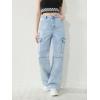 imageSweatyRocks Girls Casual Elastic Waist Zip Up Denim Pants Straight Leg Cargo Jeans with PocketLight Wash