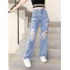 imageSweatyRocks Girls Casual High Elastic Waist Ripped Jeans Straight Leg Denim Pants with PocketLight Wash Color