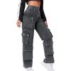 imageSweatyRocks Womens Casual High Waist Flap Pockets Cargo Jeans Baggy Straight Leg Denim PantsDark Grey