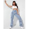 imageSweatyRocks Womens Casual High Waist Flap Pockets Cargo Jeans Baggy Straight Leg Denim PantsLight Blue