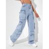 imageSweatyRocks Womens Casual High Waist Flap Pockets Cargo Jeans Baggy Straight Leg Denim PantsLight Blue