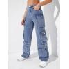 imageSweatyRocks Womens Casual High Waist Flap Pockets Cargo Jeans Baggy Straight Leg Denim PantsLight Wash