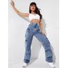 imageSweatyRocks Womens Casual High Waist Flap Pockets Cargo Jeans Baggy Straight Leg Denim PantsMedium Blue