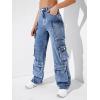 imageSweatyRocks Womens Casual High Waist Flap Pockets Cargo Jeans Baggy Straight Leg Denim PantsMedium Blue