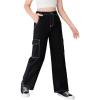 imageSweatyRocks Girls Casual Elastic Waist Zip Up Denim Pants Straight Leg Cargo Jeans with PocketSolid Black