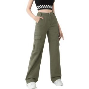 imageSweatyRocks Girls Casual Elastic Waist Zip Up Denim Pants Straight Leg Cargo Jeans with PocketArmy Green