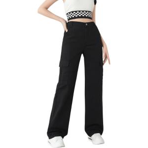 imageSweatyRocks Girls Casual Elastic Waist Zip Up Denim Pants Straight Leg Cargo Jeans with PocketBlack