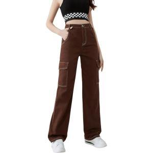 imageSweatyRocks Girls Casual Elastic Waist Zip Up Denim Pants Straight Leg Cargo Jeans with PocketCoffee Brown