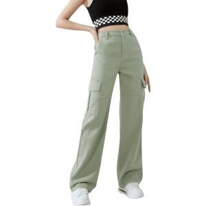 imageSweatyRocks Girls Casual Elastic Waist Zip Up Denim Pants Straight Leg Cargo Jeans with PocketGreen