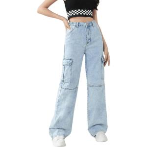 imageSweatyRocks Girls Casual Elastic Waist Zip Up Denim Pants Straight Leg Cargo Jeans with PocketLight Wash