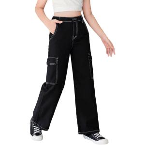 imageSweatyRocks Girls Casual Elastic Waist Zip Up Denim Pants Straight Leg Cargo Jeans with PocketSolid Black