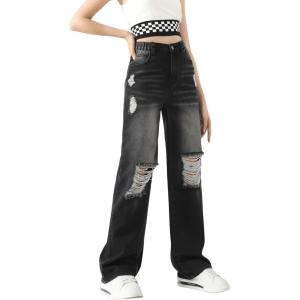 imageSweatyRocks Girls Casual High Elastic Waist Ripped Jeans Straight Leg Denim Pants with PocketBlack