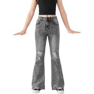 imageSweatyRocks Girls Casual High Elastic Waist Ripped Jeans Straight Leg Denim Pants with PocketDark Grey