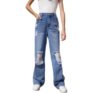 imageSweatyRocks Girls Casual High Elastic Waist Ripped Jeans Straight Leg Denim Pants with PocketMedium Wash Solid