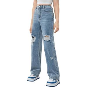 imageSweatyRocks Girls Casual High Waisted Straight Leg Jeans Plain Denim Pants with PocketBlue