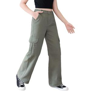 imageSweatyRocks Girls Casual High Waisted Straight Leg Jeans Plain Denim Pants with PocketDark Green
